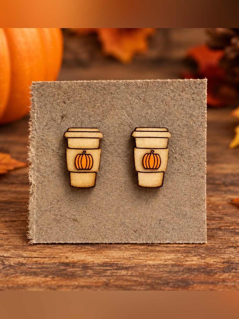 Pumpkin Spice Coffee Cup Wooden Stud Earrings